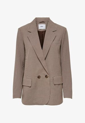 Bruin en beige geruit dubbelbreasted colbert met inkeping revers, twee voorflapzakken en twee bruine knopen, aan de binnenkant gevoerd.