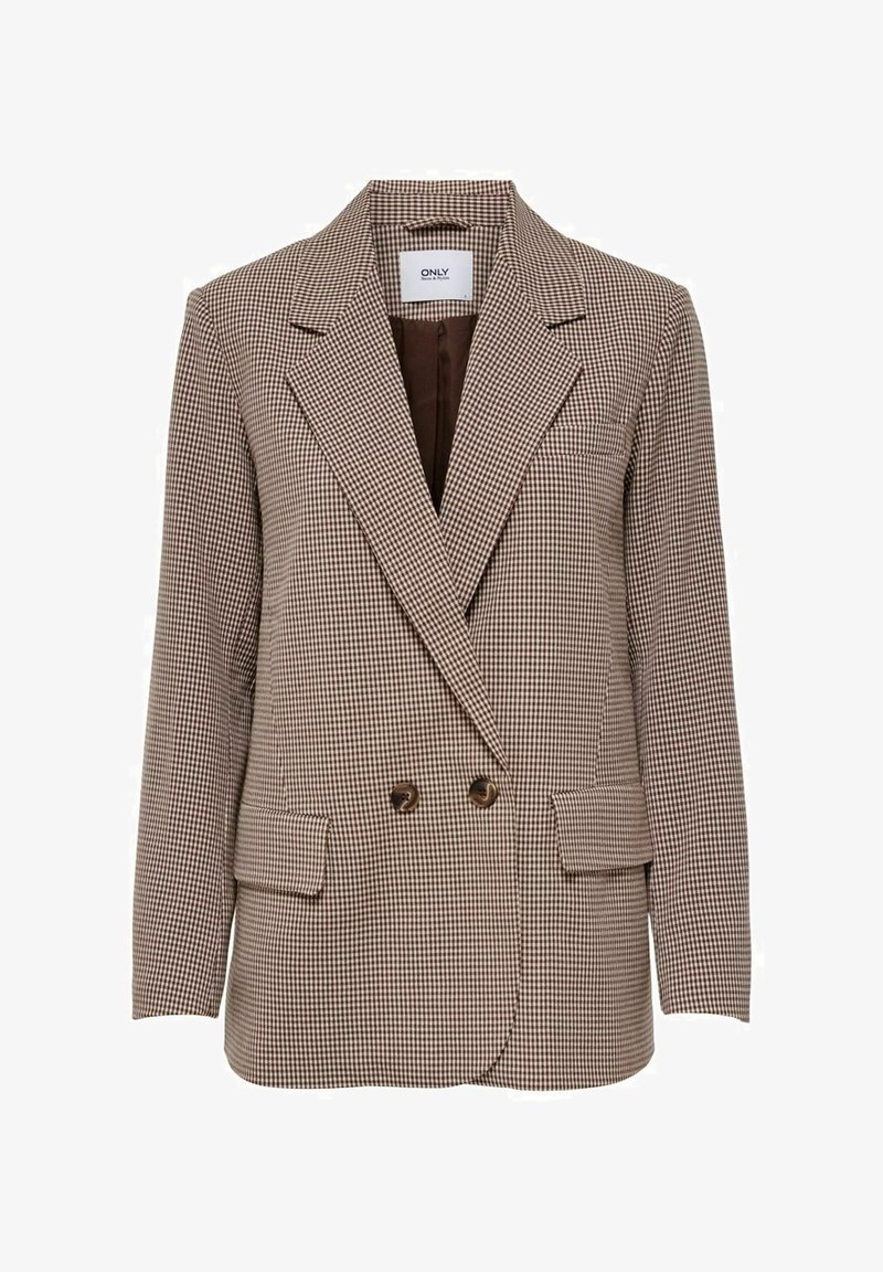 Veste croisée à carreaux marron et beige avec revers crantés, deux poches avant à rabat, deux boutons marron, doublée à l'intérieur.