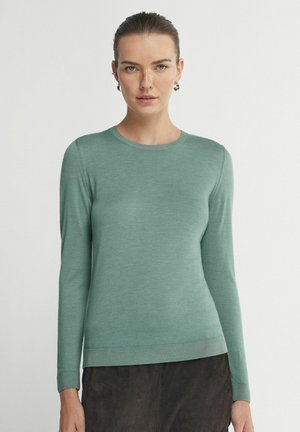 Maglione verde chiaro a maniche lunghe con scollo tondo e polsini a coste. Texture liscia, design aderente, con una finitura semplice e pulita.