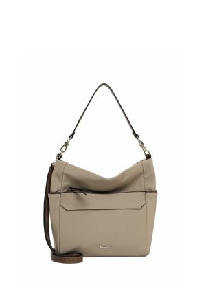 Beige håndtaske med en slasket top, lynlåslomme foran, kort hank og aftagelig lang rem, sat mod en hvid baggrund.