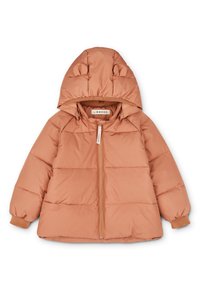 Light brown puffy jacket with a hood, featuring bear ears, front zipper, and ribbed cuffs. Made from soft, smooth fabric with a quilted design.