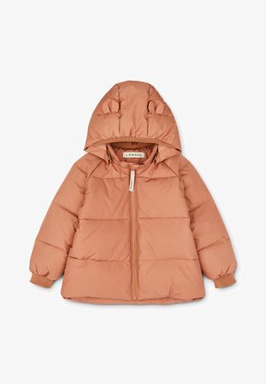 Giacca puffa marrone chiaro con cappuccio, decorata con orecchie di orso, zip anteriore e polsini a coste. Realizzata in tessuto morbido e liscio con un design trapuntato.