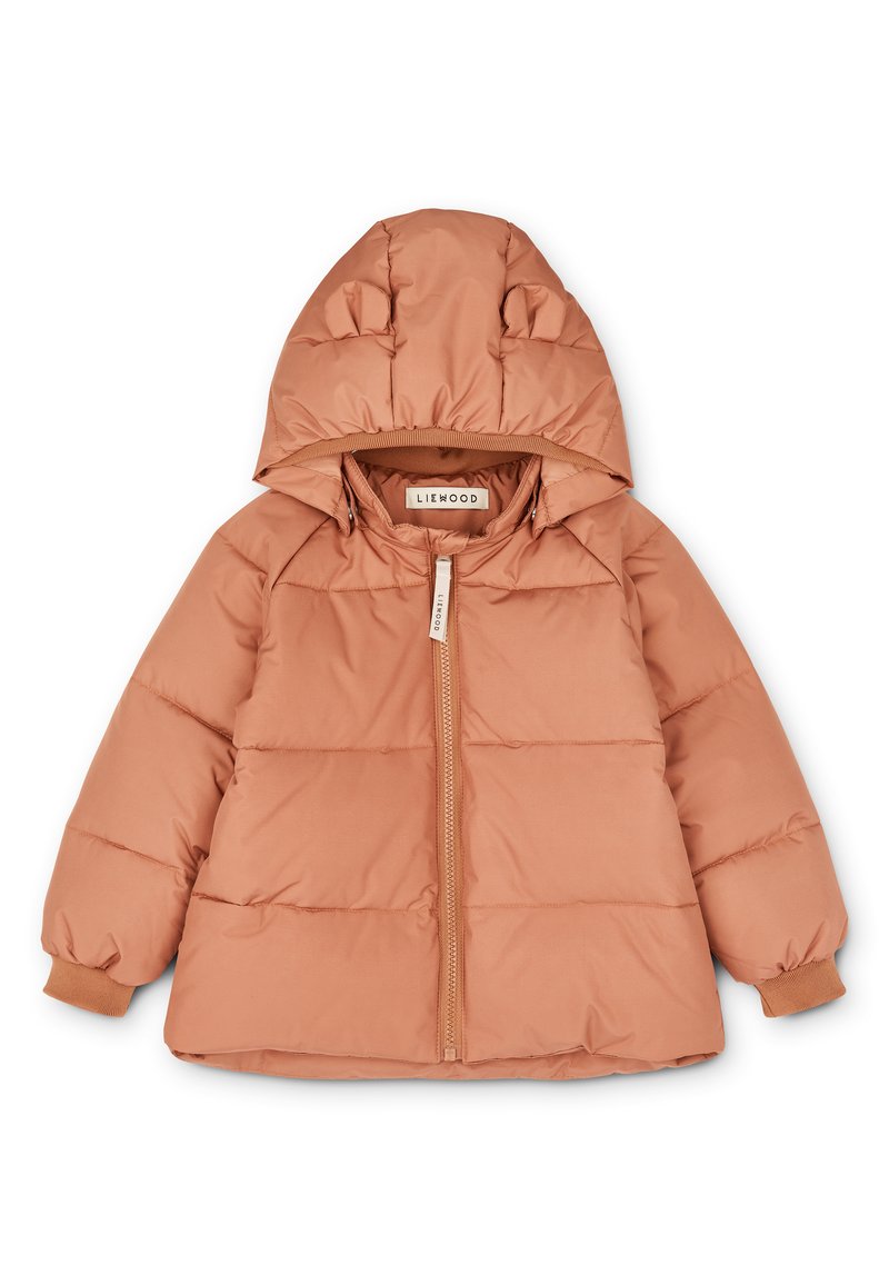Light brown puffy jacket with a hood, featuring bear ears, front zipper, and ribbed cuffs. Made from soft, smooth fabric with a quilted design.