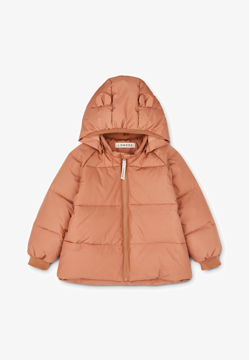 Heled pruun paksud jakk koos kapuutsiga, millel on karu kõrvad, esine zipper ja ribatekki mansetid. Valmistatud pehmest, siledast kangast, millel on tikitud muster.