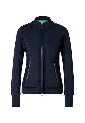 Granatowa damska kurtka na zamek z wysokim kołnierzem, dwoma przednimi kieszeniami na zamek oraz długimi dopasowanymi rękawami.