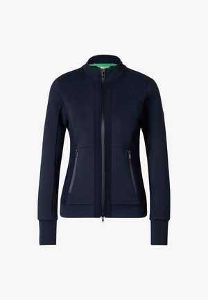 Granatowa damska kurtka na zamek z wysokim kołnierzem, dwoma przednimi kieszeniami na zamek oraz długimi dopasowanymi rękawami.