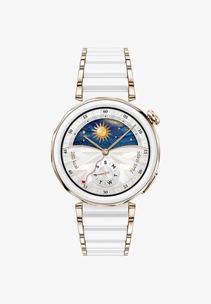 Weißes Silikon-Armbanduhr-Smartwatch mit goldenen Akzenten, rundem Zifferblatt, Sonnen- und Sternmotiven, digitalem Display und Schrittzähler.