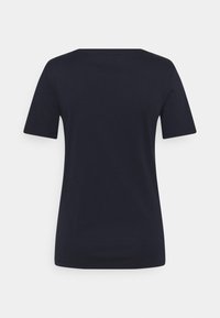 Marineblaues Kurzarm-T-Shirt mit rundem Ausschnitt und glattem Baumwollmaterial. Verfügt über eine klassische Passform und einen geraden Saum.