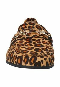 Leopard print, flat shoe with a soft, textured upper, featuring a gold metallic accent across the vamp and a black sole.