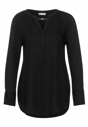 Sort langærmet bluse til kvinder med rund halsudskæring, knappet stolpelukning med fire knapper og let buet kant.