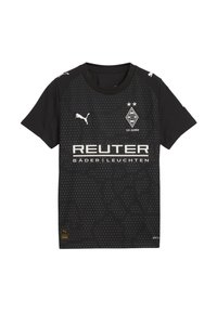 Maglietta da calcio nera con texture pattern, maniche corte, collo rotondo, logo Puma e branding "REUTER" sul davanti.