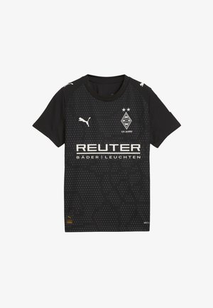 Czarna koszulka piłkarska z wzorzystą fakturą, krótki rękaw, okrągły dekolt, logo Puma i branding "REUTER" z przodu.