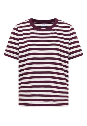 Camiseta de manga corta con rayas horizontales blancas y moradas oscuras y cuello redondo, con la etiqueta "CECIL" en el interior del cuello.