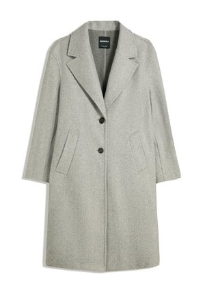 Light grey wool coat featuring a notched lapel, two front pockets, and a double-button closure. The fabric has a soft texture.