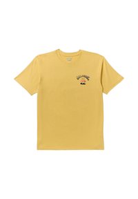 T-shirt giallo a maniche corte in cotone, con un piccolo logo multicolore sul petto e collo rotondo. Texture liscia.
