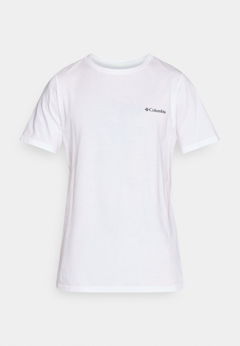 Weißes Kurzarm-T-Shirt aus weicher Baumwolle. Mit einem kleinen schwarzen Columbia-Logo auf der linken Brustseite und Rundhalsausschnitt.