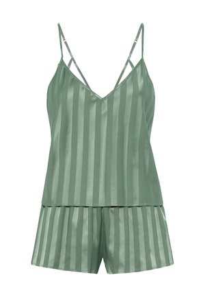 Roheline satiinist pidžaamade komplekt vertikaalsete triipudega. Ülemine osa on V-kujuline dekoltee ja õhukeste rihmadega; lühikesed püksid on volditud kujundusega. Pehme tekstuur.