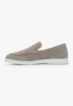 Gray suede slip-on shoe with a rounded toe, white rubber sole, decorative stitching, and a side elastic for easy wear.