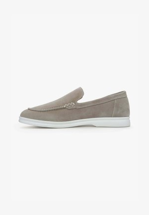Gray suede slip-on shoe with a rounded toe, white rubber sole, decorative stitching, and a side elastic for easy wear.