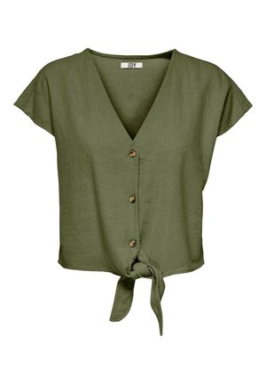 Blouse courte à manches courtes vert olive avec col en V, trois boutons devant et un nœud devant à l’ourlet.