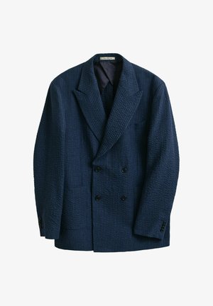 Marineblauer, doppelt geknöpfter Blazer aus strukturierter Stoff mit breiten Revers, ausgestattet mit vier Knöpfen vorne und geknöpften Manschetten.