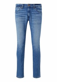 Slim-fit blå denimjeans med en blekt tvätt, fem fickor och en knappstängning i midjan. Tyget visar på lätt texturvariation.
