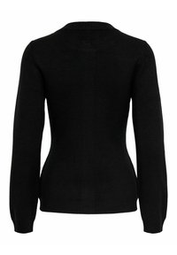 Melnā džemperis ar garām piedurknēm, ribota apkakle un apakša. Gluda tekstūra un pieguļoša forma, radīta tīram, minimālistiskam izskatam.