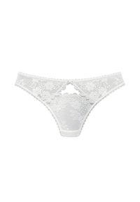 White lace thong featuring floral patterns, semi-sheer fabric, scalloped edges, and a cutout design at the front. Soft waistband.
