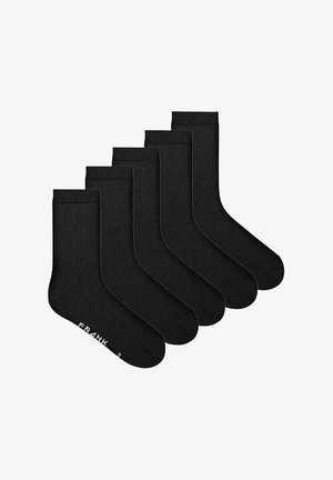 Set med fem svarta bomullssockor med ribbade muddar och förstärkta tår. Varje strumpa har "FRANK" i vitt på sulan.