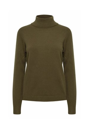Olivnozeleni pulover s turtleneck iz mehkega pletenega materiala. Ima dolge rokave in prilegan kroj z rebrastim izrezom in manšetami.