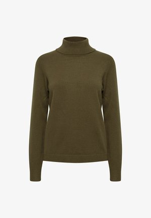 Olivově zelený rolák vyrobený z měkké pleteniny. Má dlouhé rukávy a přiléhavý střih s žebrovaným výstřihem a manžetami.