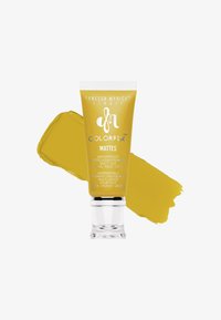 Tubetto giallo di pigmento liquido opaco waterproof Colorfix Mattes di Danessa Myricks Beauty, con una macchia di colore dietro, per occhi, viso e labbra.