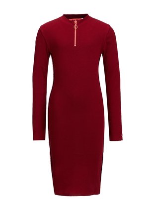 Robe rouge foncé côtelée à manches longues, longueur genou, avec une fermeture éclair courte rose et un tire-zip rond au niveau de l'encolure.