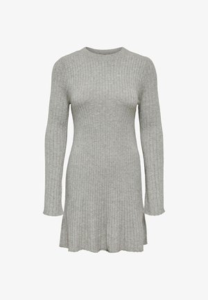Šedé rebrované pletené šaty, dlhé rukávy, priliehavá blúzka, rozšírený lem s bočnými rozparkom, okrúhly výstrih, jemná textúra.