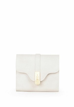 Light beige leather wallet with textured surface, flap closure, and gold-tone hardware featuring a logo accent. Compact rectangular shape.