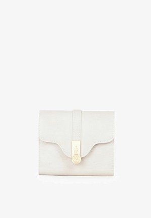 Light beige leather wallet with textured surface, flap closure, and gold-tone hardware featuring a logo accent. Compact rectangular shape.