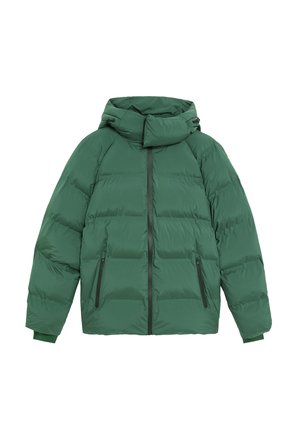 Giacca a vento verde con cappuccio, caratterizzata da un design trapuntato, due tasche frontali con zip e polsini elasticizzati. Tessuto liscio con finitura opaca.