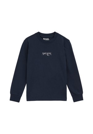 T-shirt in cotone a maniche lunghe di colore blu navy con scollo rotondo; presenta una grafica "BLUE RIDGE" e un design di montagne sul petto.
