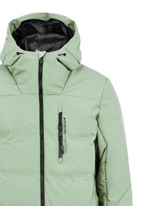 Hellgrüne gepolsterte Jacke mit Kapuze, die mit einem Frontreißverschluss und einer Brusttasche mit schwarzem Reißverschluss ausgestattet ist. Glattes, strukturiertes Gewebe.