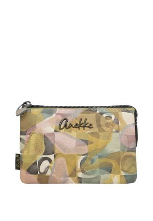 Piccola pochette rettangolare con cerniera con motivo astratto dai colori pastello e logo metallico "Anekke" sulla parte frontale.