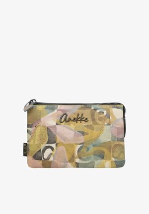 Piccola pochette rettangolare con cerniera con motivo astratto dai colori pastello e logo metallico "Anekke" sulla parte frontale.
