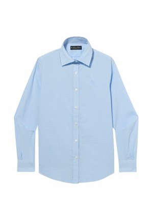 Lichtblauw herenoverhemd met lange mouwen en knoopsluiting, kleine geruit patroon en puntkraag, plat gelegd op een witte achtergrond.