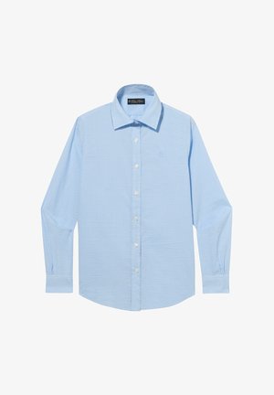 Lichtblauw herenoverhemd met lange mouwen en knoopsluiting, kleine geruit patroon en puntkraag, plat gelegd op een witte achtergrond.