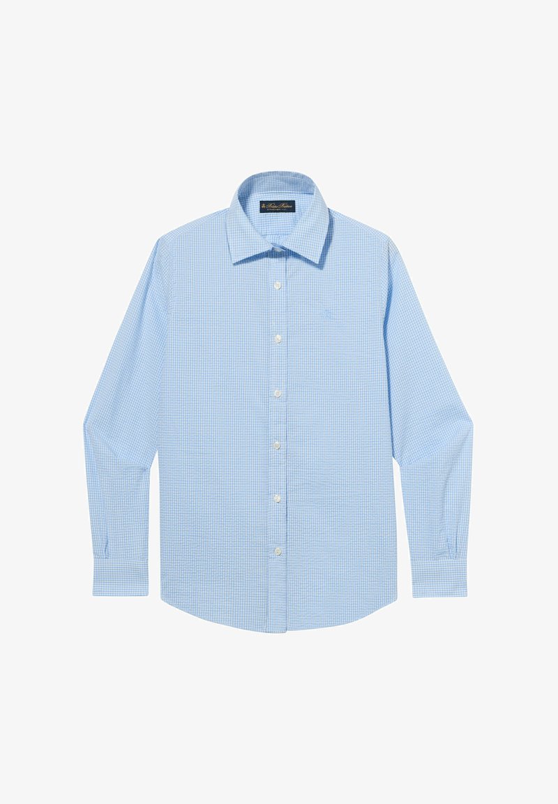 Lichtblauw herenoverhemd met lange mouwen en knoopsluiting, kleine geruit patroon en puntkraag, plat gelegd op een witte achtergrond.