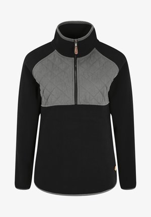 Fleece-pull med halzip, svart kropp och grå quiltad bröstpanel. Har en ståkrage och en guldig logotypdekor vid nederkanten.