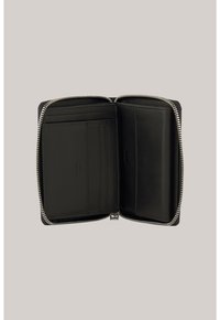 Black leather wallet with zip closure, featuring card slots and a single compartment, showcasing a smooth texture and minimalist design.