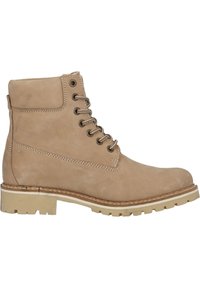 Stivali alla caviglia in suede beige con punta rotonda, occhielli in metallo e lacci. Presentano una suola spessa e leggera con battistrada testurizzato.