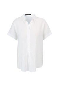 Weißes Leinenhemd mit kurzen Ärmeln und eingekerbtem Kragen, mit einer Vorderseite in Plissee-Optik und einem lässigen Schnitt, der eine weiche, strukturierte Oberfläche präsentiert.