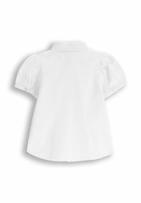 Biała krótka bluzka z krótkimi rękawami, z bufkowymi rękawami, zapinana na guziki, i z tradycyjnym kołnierzykiem, pokazana z tyłu.