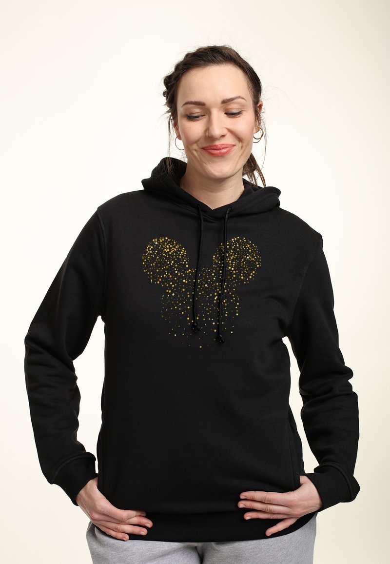 Felpa nera con un design del profilo di Mickey Mouse punteggiato d'oro al centro. Caratterizzata da un cappuccio con cordino e polsini a costine.
